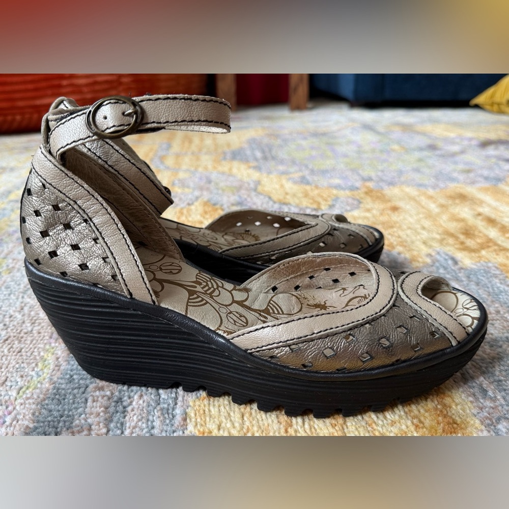 Fly London Ydel Metallic Gold Leather wedge sandal 38